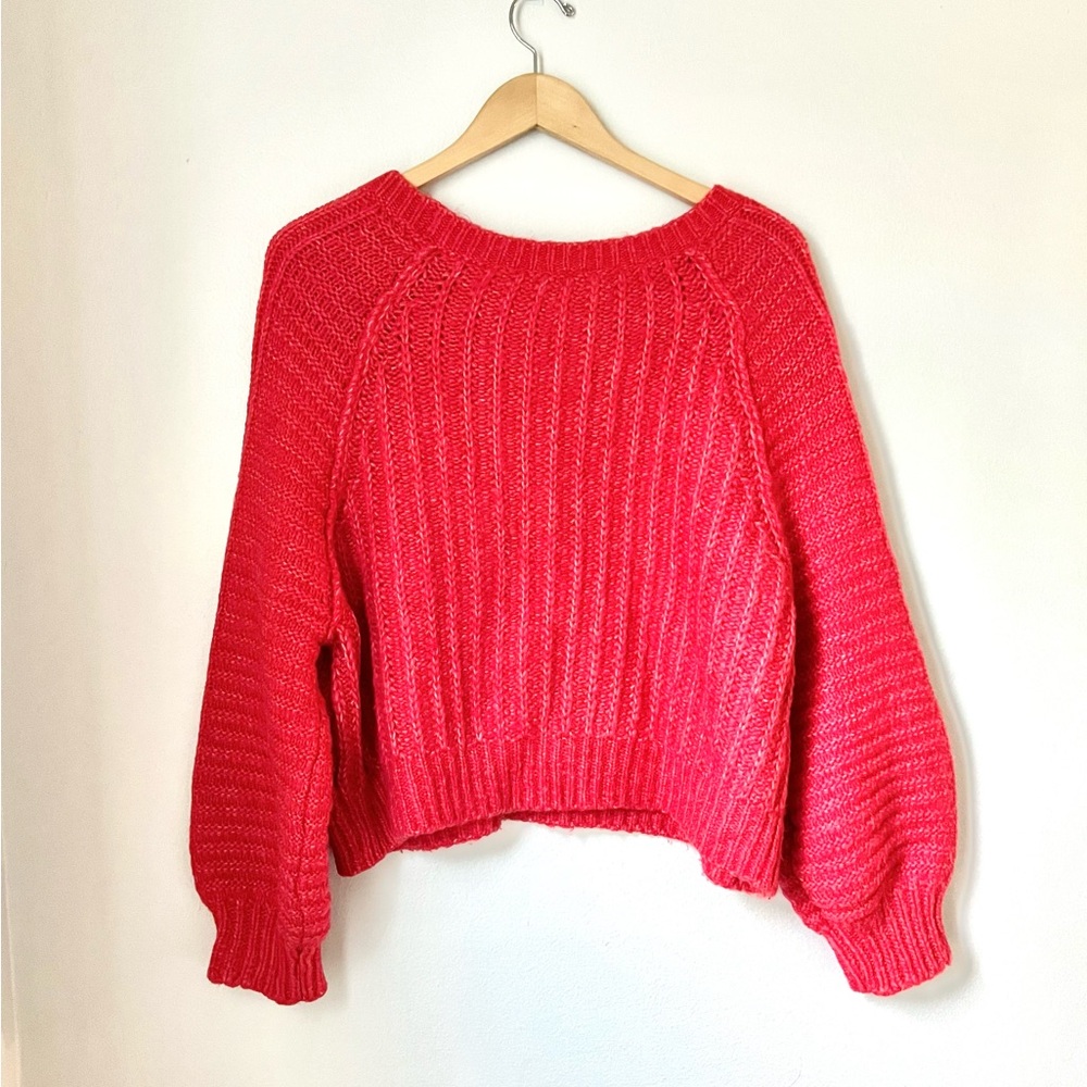 Free People Carter Knit Pullover Chunky Red Crew Neck Oversized Sweater Top S/M - Picture 5 of 9